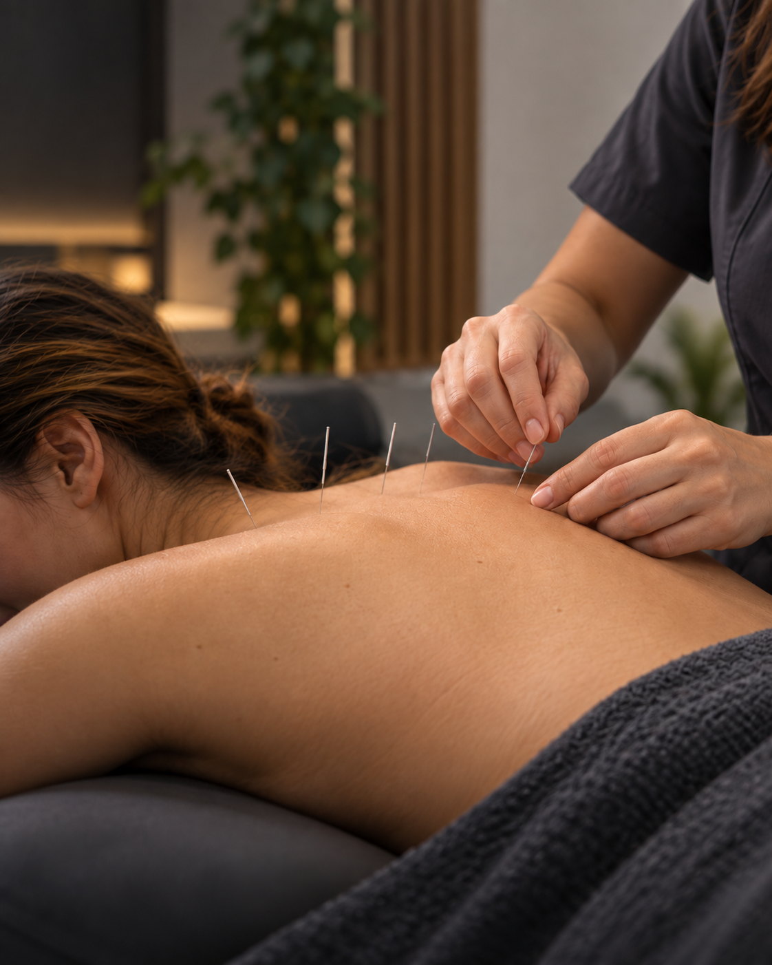 Fisioterapeuta aplicando agulhas de acupuntura nas costas de uma paciente, na Clínica Drago