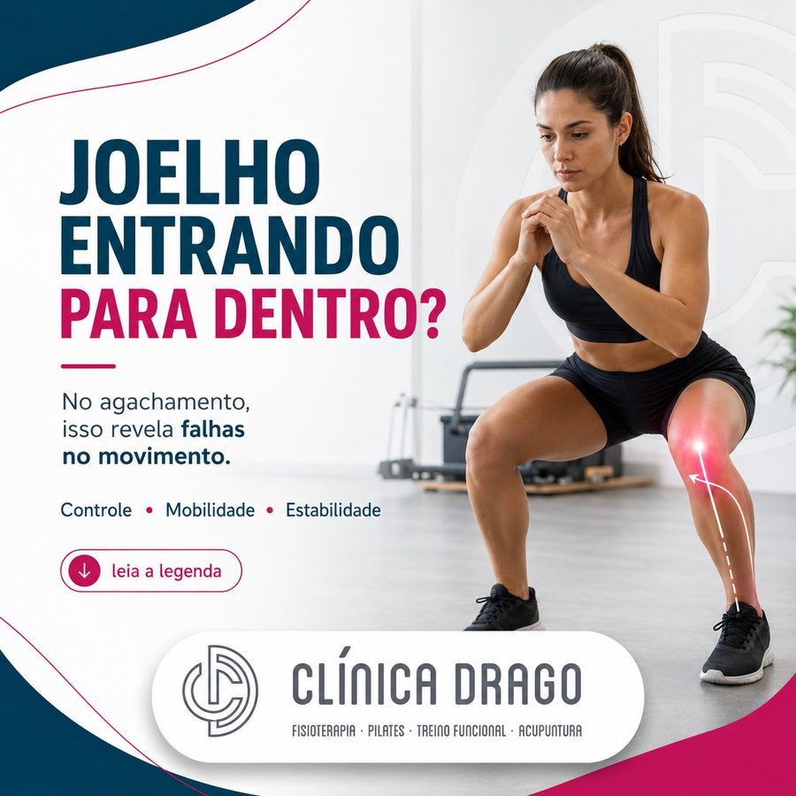 Post da clínica sobre o joelho entrando para dentro no agachamento